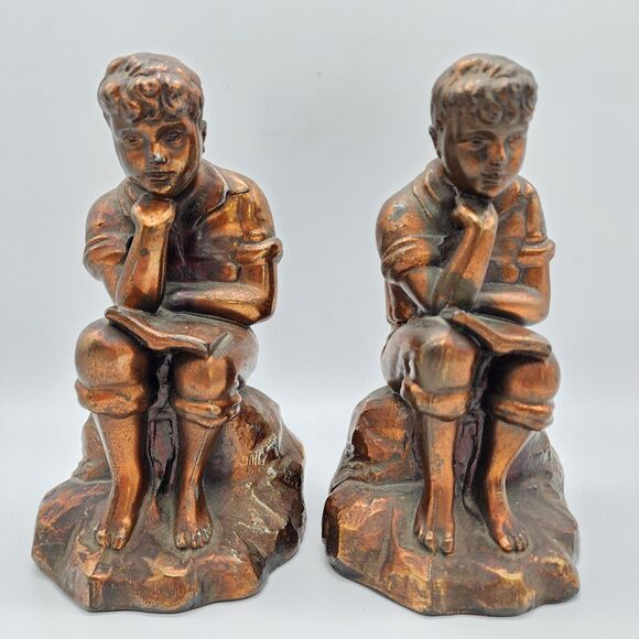Pair of Antique Bookends Boy Reading Cast Metal Bronze Finish Office Decor MCM - Picture 1 of 15